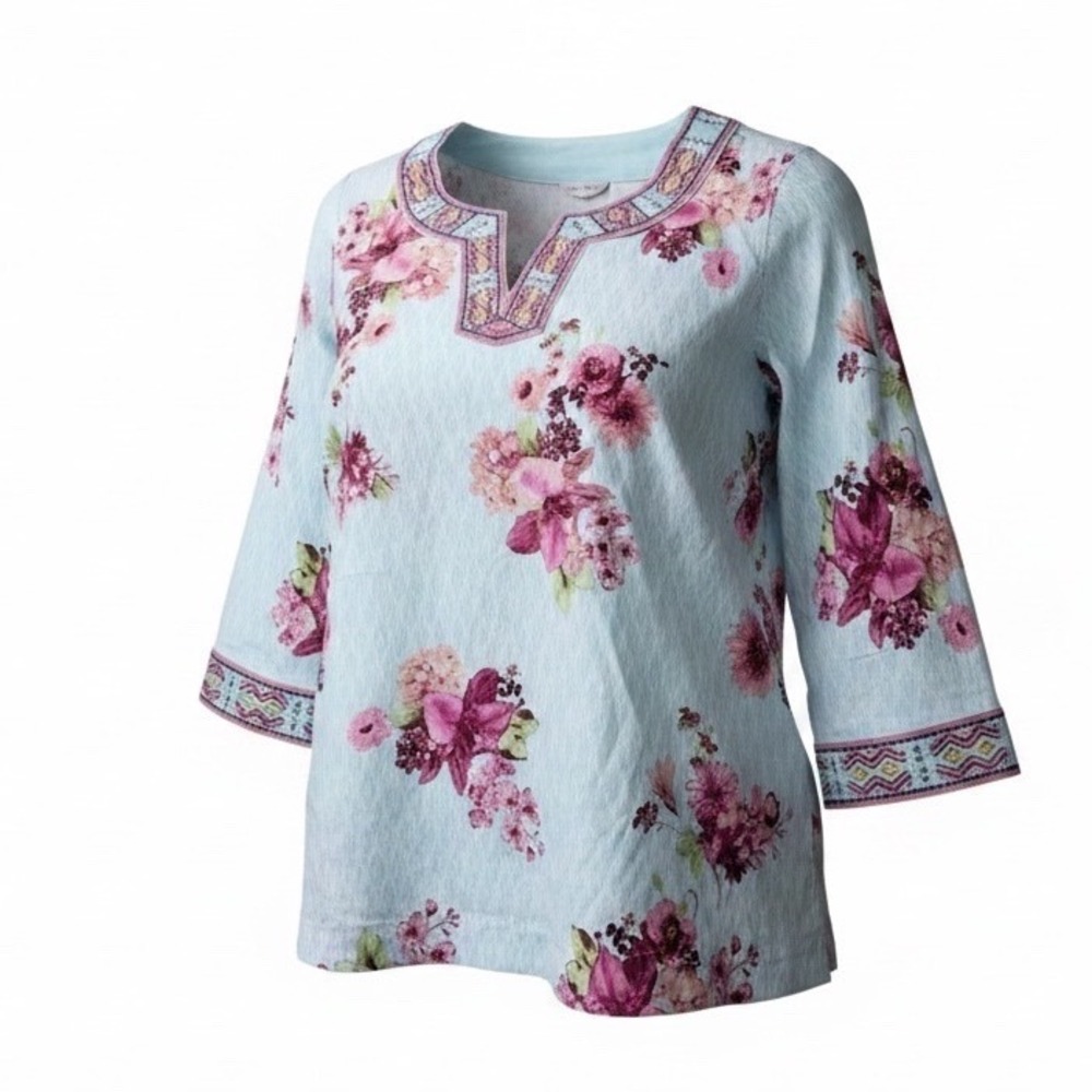 John Mark Womens Size XL Blue Floral Beaded V-Neck Linen Blend Tunic NWT